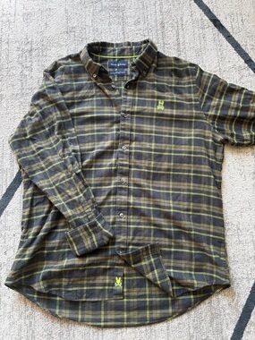 Psycho Bunny Men's Black & Green Plaid Button-Down Shirt